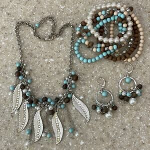 Silvertone and Turquoise Necklace, Bracelet, & Earring Set